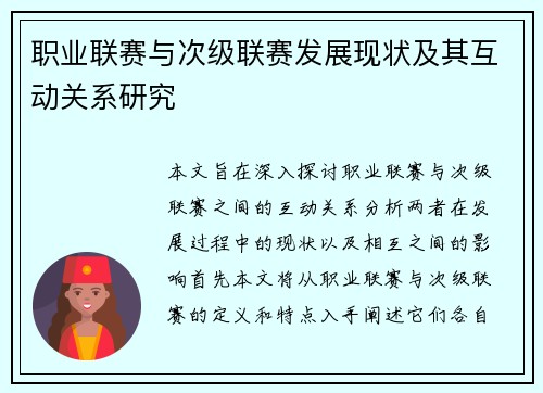 职业联赛与次级联赛发展现状及其互动关系研究